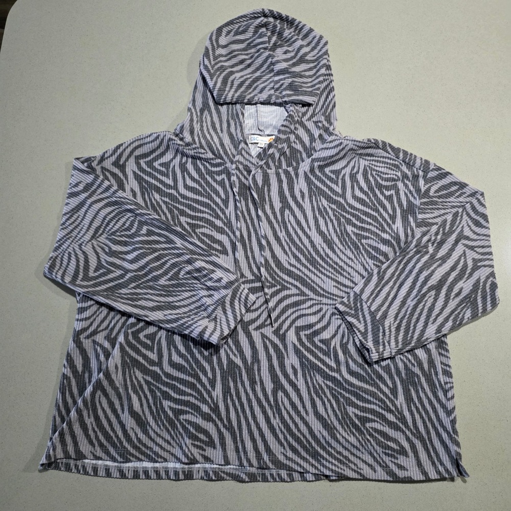 C&C California Womens 2X Zebra Print Ribbed Knit Hoodie Grey White Pullover